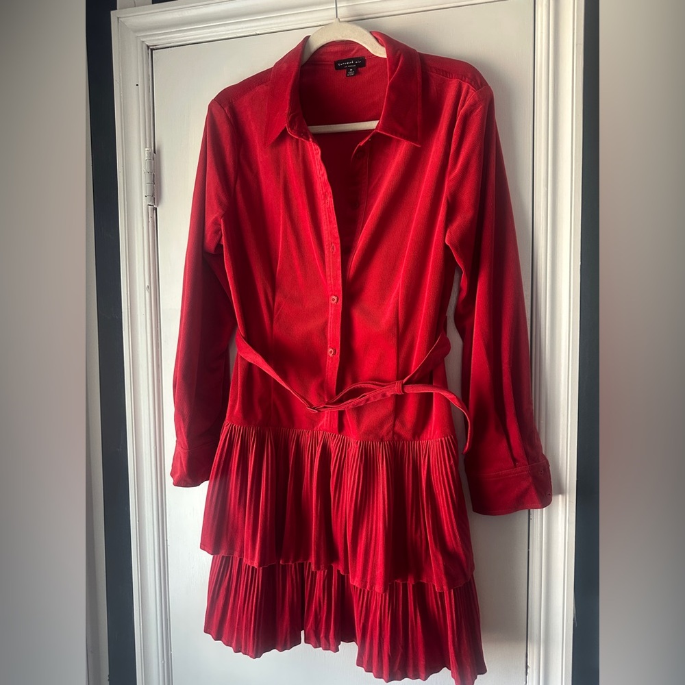 Current Air Red Corduroy Tiered Shirt Dress Belted Size Medium